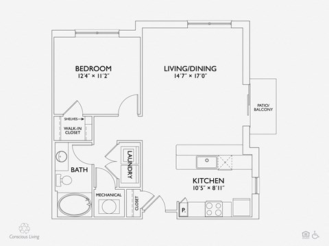 Floor plan for 1 bed, 1 bath, 782 sqft